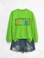 Flat lay of neon green crewneck sweatshirt with Happy Fri-Yay print and ripped denim shorts - Neon Green Sweatshirt (Black Graphic)