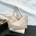 Minimalist beige corduroy tote bag with side pockets and a stylish vertical texture - White