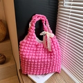 Pink bubble textured tote bag with beige lace bow charm on a stylish wooden surface - With Silk Scarf / Rose Pink