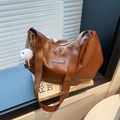 Minimalist large brown hobo bag in textured PU leather with cute plush monster charm - With Pendant / Brown