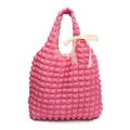 Pink popcorn texture puffer tote bag with a cream lace bow detail on handle - Rose Pink