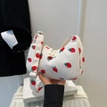 White corduroy strawberry pattern shoulder bag with adjustable strap and dual zippers - Strawberry Style