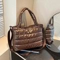 Metallic brown quilted space cotton puffer tote bag with adjustable shoulder strap - Brown
