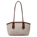 Minimalist light gray tote bag with brown leather trim and fashion lettering print - Khaki