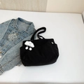 Black corduroy tote bag with white cloud plush pendant and functional side pocket - With Cloud Charm / Black