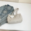 Beige corduroy tote bag with plush cloud charm and shoulder strap on denim jacket - With Cloud Charm / Off White