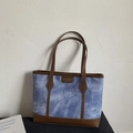 Minimalist vintage large capacity tote bag with blue tie-dye fabric and brown leather trim - Blue