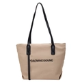 Minimalistische beige Nylon-Einkaufstasche mit schwarzen Trägern und Buchstabendruck auf weiß - Khaki