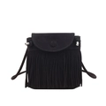 Retro black matte leather crossbody bag featuring elegant tassel details and round flap cover - Black