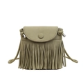Olive green bohemian faux suede fringe crossbody bag with flap and tassel detailing - Green