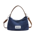 Fashionable dark blue denim crescent bag with brown leather handles and silver hardware - Denim Brown Without Charm