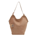 Minimalistische große braune Wildleder-Einkaufstasche für Damen mit rundem Anhänger und Träger - Khaki