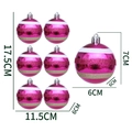 Set of 6 rose pink hand-painted 6cm Christmas balls with glitter stripes and silver caps - Rose Red Striped / 6cm