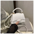 Detalle de mini bolso de piel blanca con asa curva y herrajes dorados sobre libros - Blanco