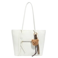 Grande borsa tote bianco crema con trama litchi e grazioso ciondolo a forma di orso - Con Ciondolo / Bianco Sporco