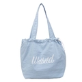 Light blue canvas drawstring tote bag with white Wdbild print and shoulder strap - Blue