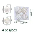 Set di 4 palline di Natale bianche da 6 cm con strisce glitterate dorate in scatola - 4 Pezzi/Scatola / Zucca Intrecciata Floccata Bianca