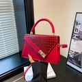 Red crocodile texture handbag with gold square twist lock and detachable shoulder strap - Red