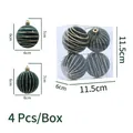 Set di 4 palline di Natale verde scuro con strisce glitterate dorate da 6 cm - 4 Pezzi/Scatola / Zucca Intrecciata Floccata Verde Scuro