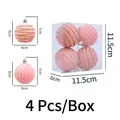 Pink Christmas ball ornaments with gold glitter stripes, 4-piece set in clear box - 6cm (Set of 4) / Flocked Wired Pumpkin Style / Pink