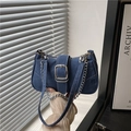 Retro blue denim baguette bag with silver chain strap and white stitching detail - Light Blue