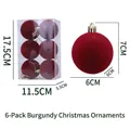 Set of 6 wine red flocked Christmas ball ornaments with gold caps for tree decoration - Burgundy
