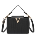 Schicke schwarze gewebte Handtasche mit goldenem V-Verschluss und abnehmbarem Gurt - Schwarz