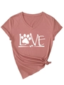Detail of V-neck rose pink t-shirt with LOVE paw print graphic and stylish front knot hem - Rose Gold (White Print)
