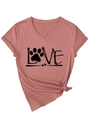 Detail of V-neck T-shirt showing LOVE print with paw element and side knot design - Rose Gold (Black Print)