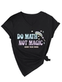 Detail of V-neck cotton T-shirt featuring rainbow print and tied hem design - S / Black