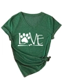 Detail of dark green V-neck T-shirt with LOVE paw print design and side knot detail - Vintage Green