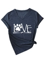 Detail of V-neck T-shirt with LOVE paw print design, rolled sleeves and front knot tie - Navy Blue