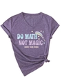 Detail view of heather purple V-neck T-shirt with Do Math Not Magic graphic print and side knot - S / Purple
