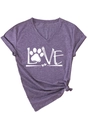 Purple V-neck T-shirt detail showing LOVE lettering with paw print and knotted hem - Purple (White Print)