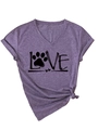 Detail of purple V-neck T-shirt with black LOVE text and paw print heart print - Purple (Black Print)