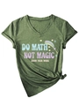 Detail of V-neck olive t-shirt with Do Math Not Magic slogan and knotted hem design - S / Olive Green