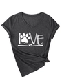 Detail of V-neck charcoal grey T-shirt with LOVE paw print design and side-knot hem - Black Heather Grey