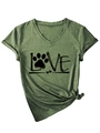 Detail of olive green V-neck T-shirt showing LOVE print with a paw and a knotted hem - Olive Green