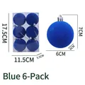 Blue 6-pack flocked Christmas ball ornaments in box with dimensions and hanging strings - Blue