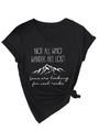 Detail of V-neck cotton T-shirt with mountain print and stylish front knot design - Black