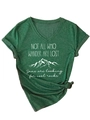 Detail of V-neck T-shirt in dark green with Not All Who Wander Are Lost mountain print - Vintage Green