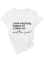 Λεπτομέρεια λευκού T-shirt με λαιμόκοψη V, τύπωμα slogan και κόμπο στο κάτω μέρος - S / Λευκό (Μαύρη Γραμματοσειρά)