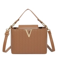 Braune Handtasche mit Webstruktur, goldenem V-Metalllogo und verstellbarem Schultergurt - Braun