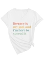 Detail of white V-neck T-shirt featuring a colorful slogan and stylish knotted hem design - S / White