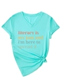 Detail view of mint green V-neck T-shirt with rolled sleeves and knotted hem design - S / Deep Water Blue