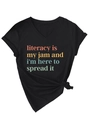 Detail of V-neck black cotton T-shirt with colorful literacy quote and stylish knotted hem - Black