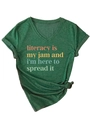 Detail of V-neck T-shirt in dark green with slogan print and stylish side knot design - Vintage Green
