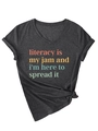 Detail of grey V-neck T-shirt with literacy is my jam colorful print and cuffed sleeves - Black Heather Grey