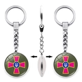 Detailed views of silver metal keychain featuring Ukraine armed forces emblem glass pendant - Pink Cross Trident Style (XSWX4483-5)