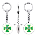 Detail of Ukraine Tryzub double-sided metal keychain showing front, side, and back views - Green Cross Trident Style (XSWX4483-9)